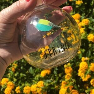 RAE DUNN mini 4” bud vase. Clear glass, hand painted bird, excellent condition